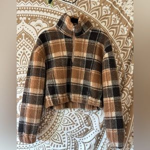 Zaful Half-Zip Brown and Black Crop Gingham Turtleneck Sweater